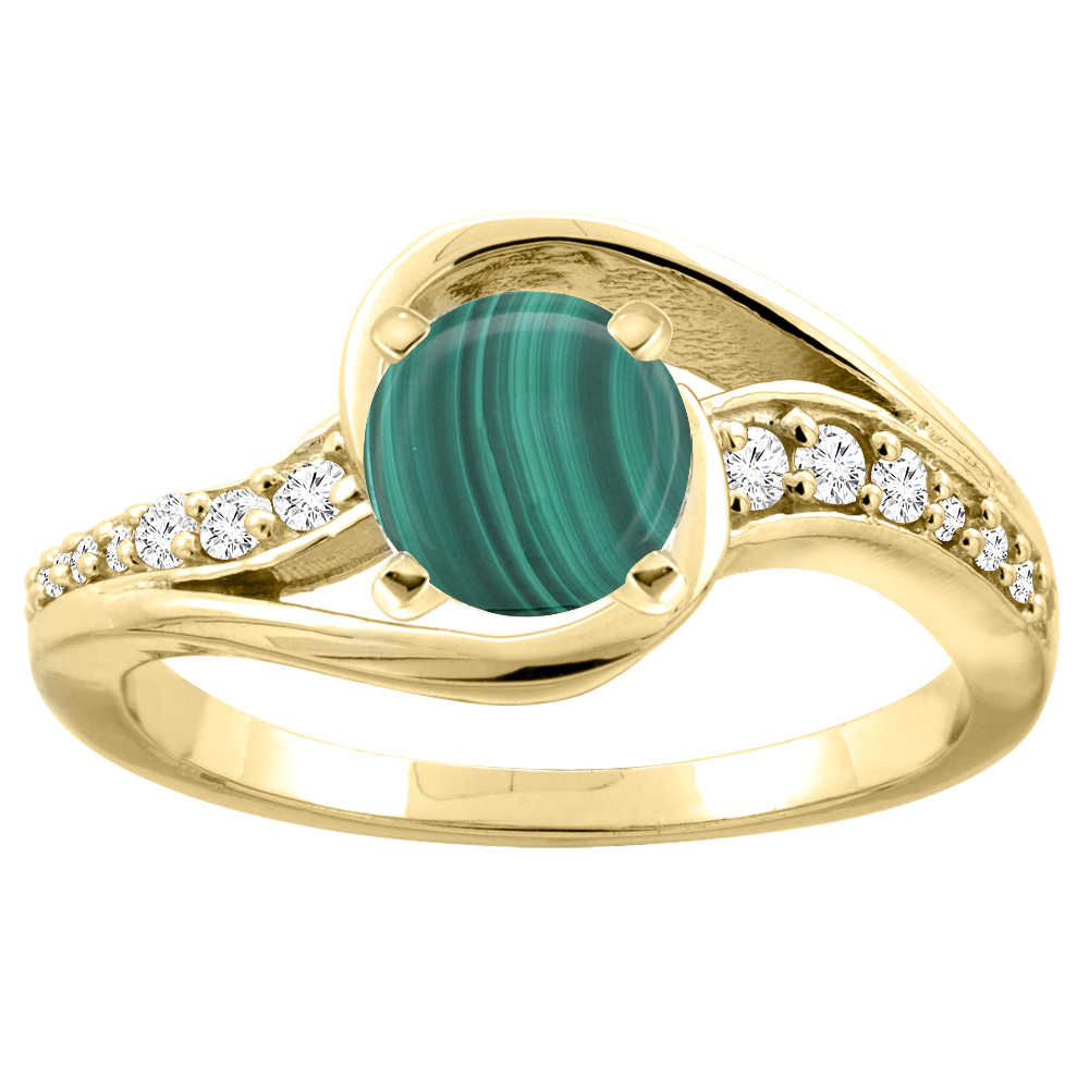 10K White/Yellow Gold Natural Malachite Bypass Ring Round 6mm Diamond Accent, sizes 5 - 10