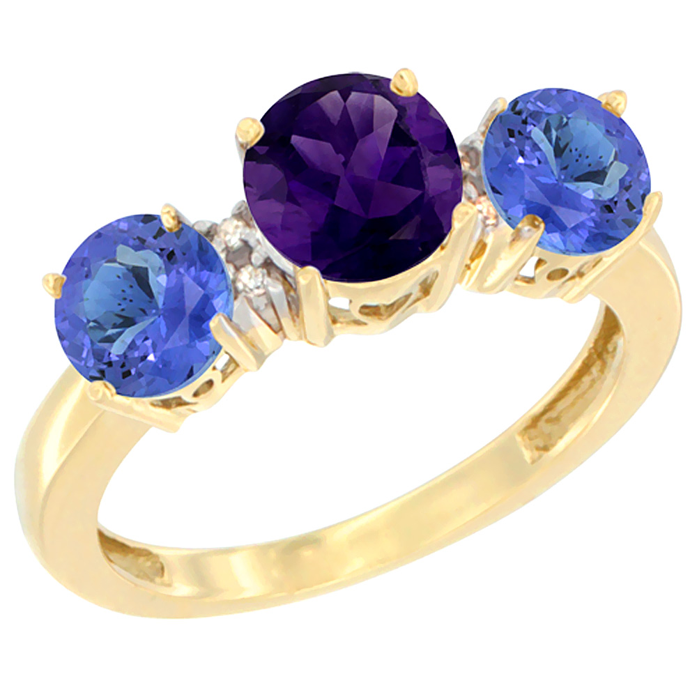 14K Yellow Gold Round 3-Stone Natural Amethyst Ring & Tanzanite Sides Diamond Accent, sizes 5 - 10