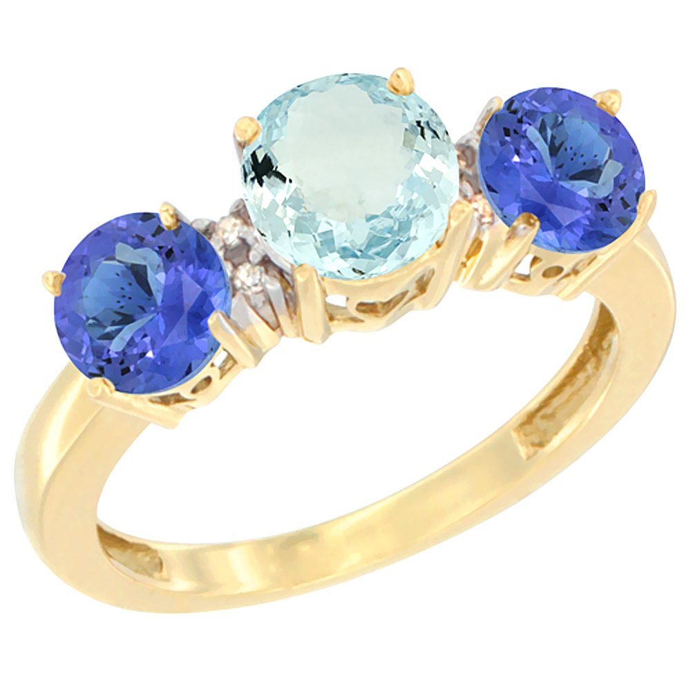 10K Yellow Gold Round 3-Stone Natural Aquamarine Ring & Tanzanite Sides Diamond Accent, sizes 5 - 10