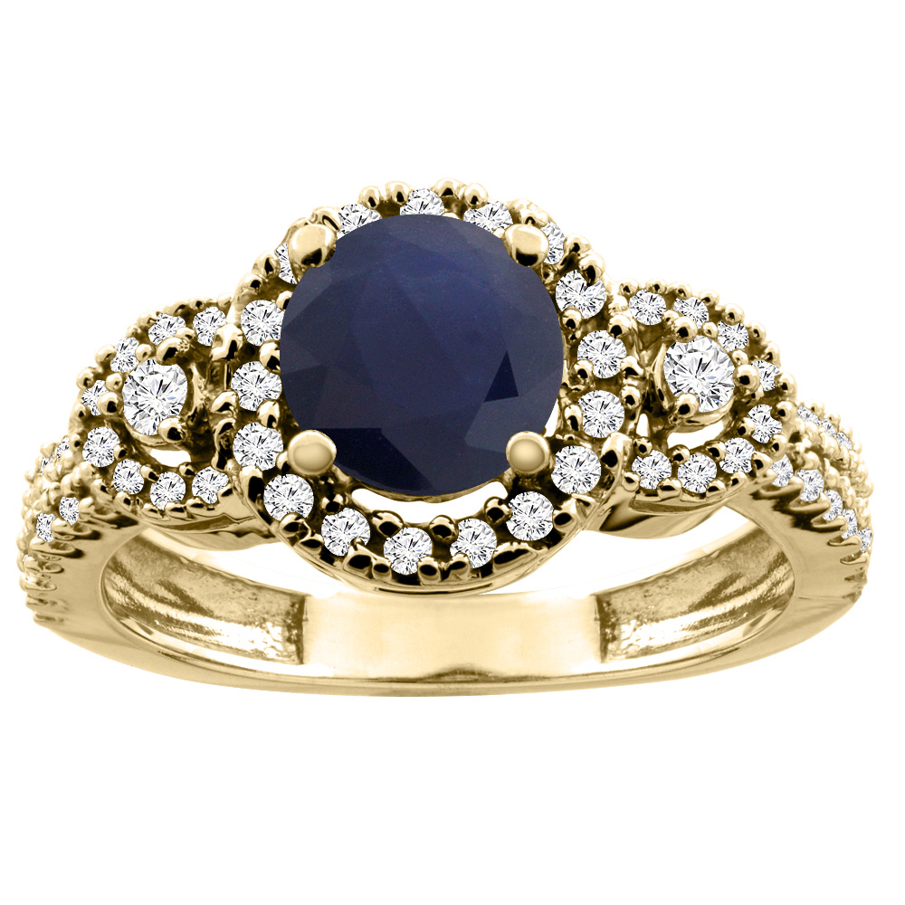 10K White/Yellow Gold Diamond Halo Natural Quality Blue Sapphire Engagement Ring Round 6mm, size 5 - 10