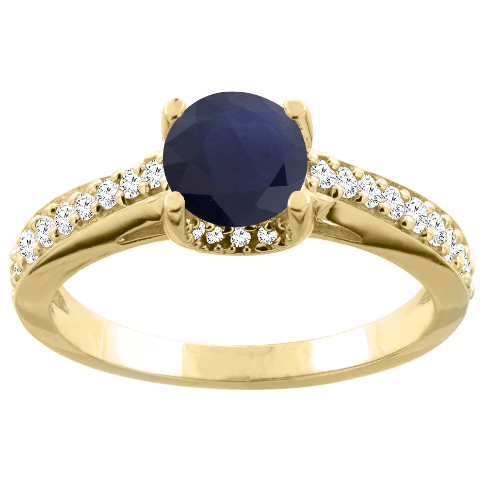 10K Yellow Gold Natural High Quality Blue Sapphire Ring Round 6mm Diamond Accents 1/4 inch wide, sizes 5 - 10