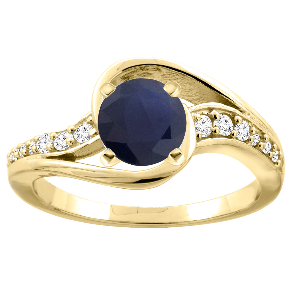 10K White/Yellow Gold Natural High Quality Blue Sapphire Bypass Ring Round 6mm Diamond Accent, sizes 5 - 10