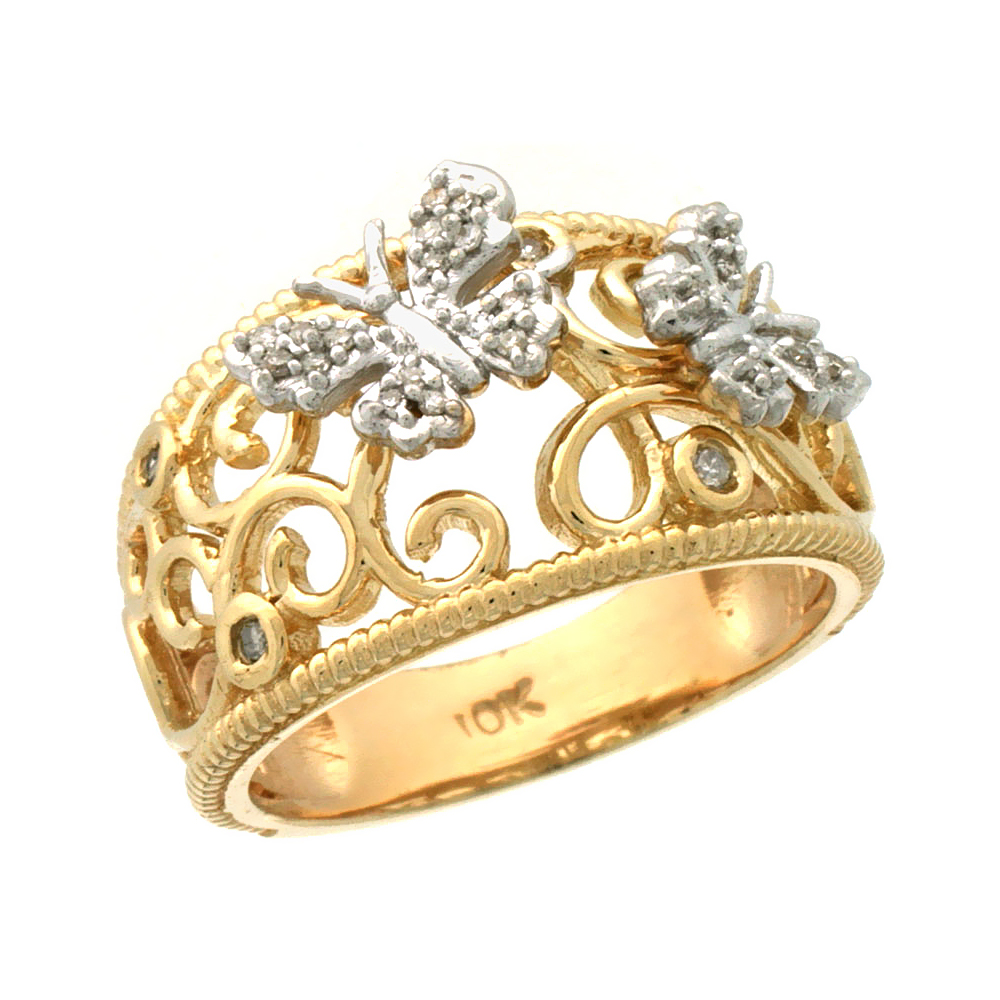10k Gold Butterfly & Swirls Diamond Ring w/ 0.11 Carat Brilliant Cut Diamonds, 7/16 in. (11.5mm) wide