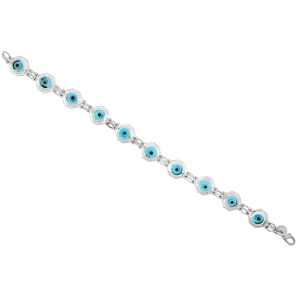 Sterling Silver Evil Eye Bracelet Clear Blue, 3/8 inch (10 mm) wide