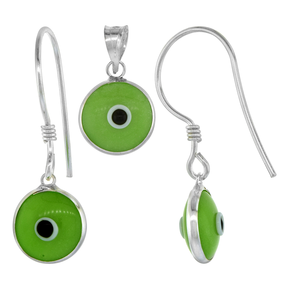 Sterling Silver Evil Eye Pendant & Earrings Set Pistachio Green Color