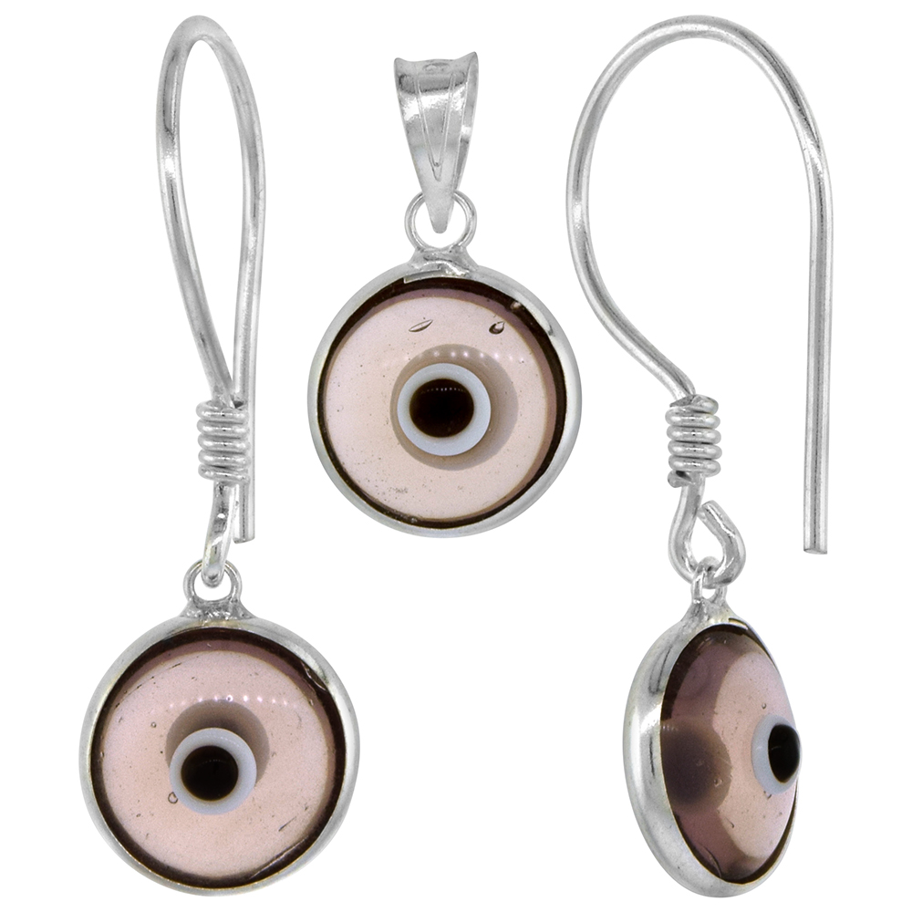 Sterling Silver Evil Eye Pendant & Earrings Set Amethyst Purple Color