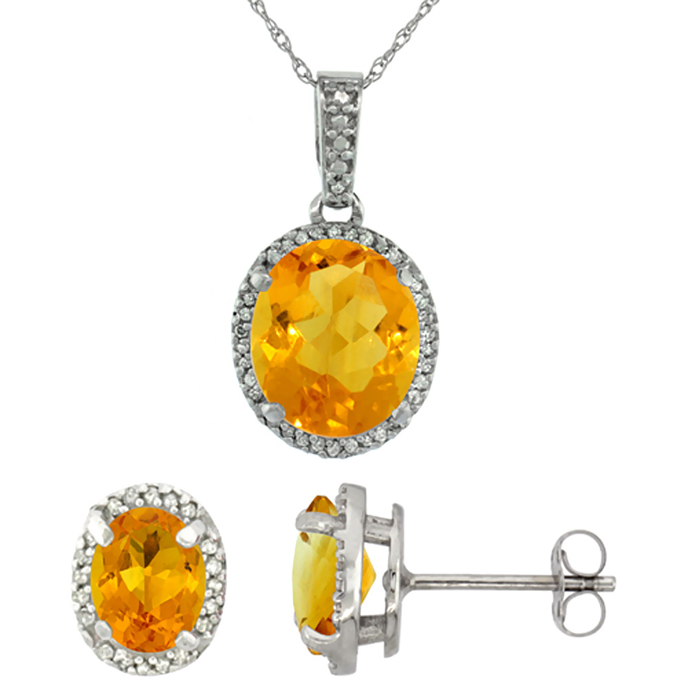 10K White Gold Diamond Natural Citrine Oval Earrings & Pendant Set