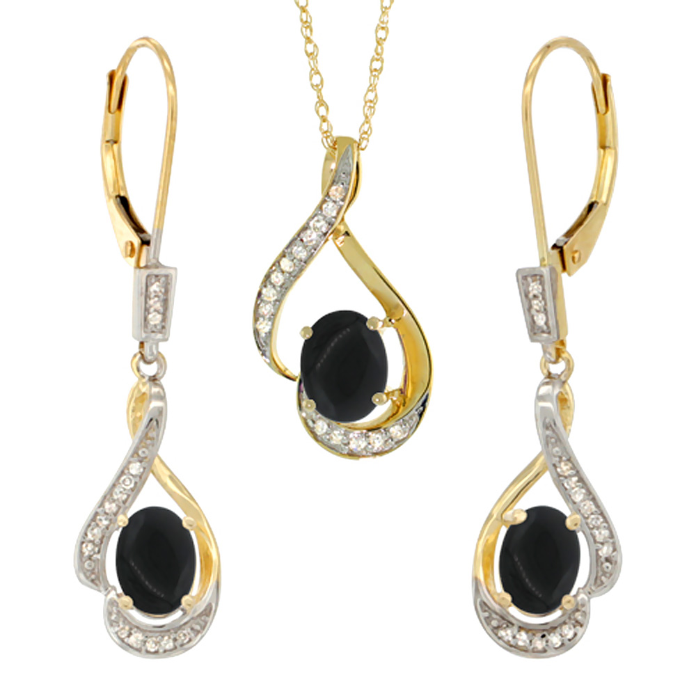 14K Yellow Gold Diamond Natural Black Onyx Lever Back Earrings & Necklace Set Oval 7x5mm, 18 inch long