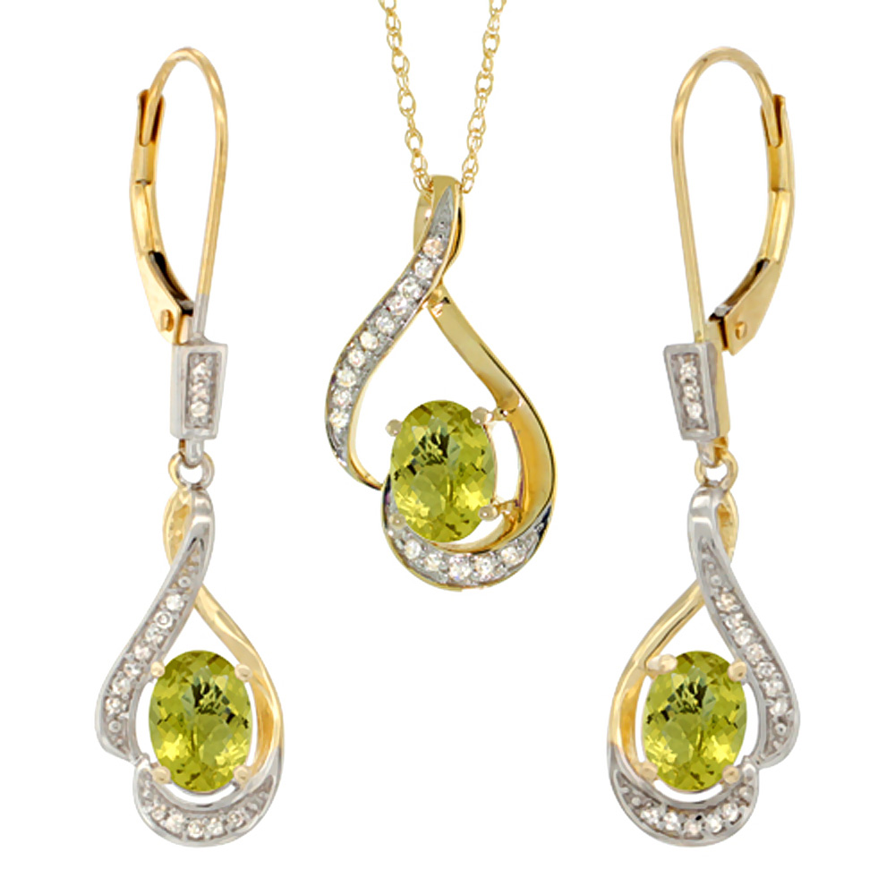14K Yellow Gold Diamond Natural Lemon Quartz Lever Back Earrings & Necklace Set Oval 7x5mm, 18 inch long