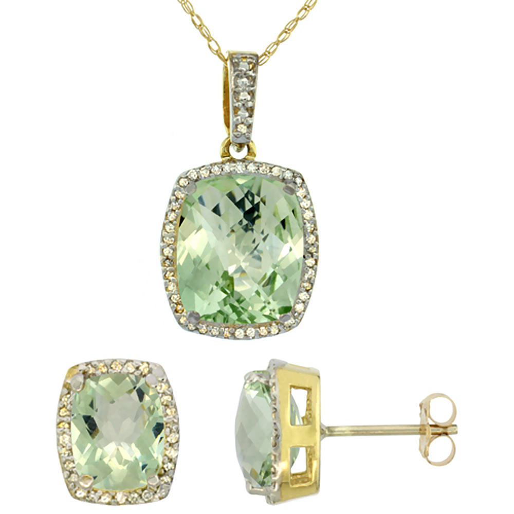 10K Yellow Gold Natural Green Amethyst Octagon Cushion Earrings & Pendant Set