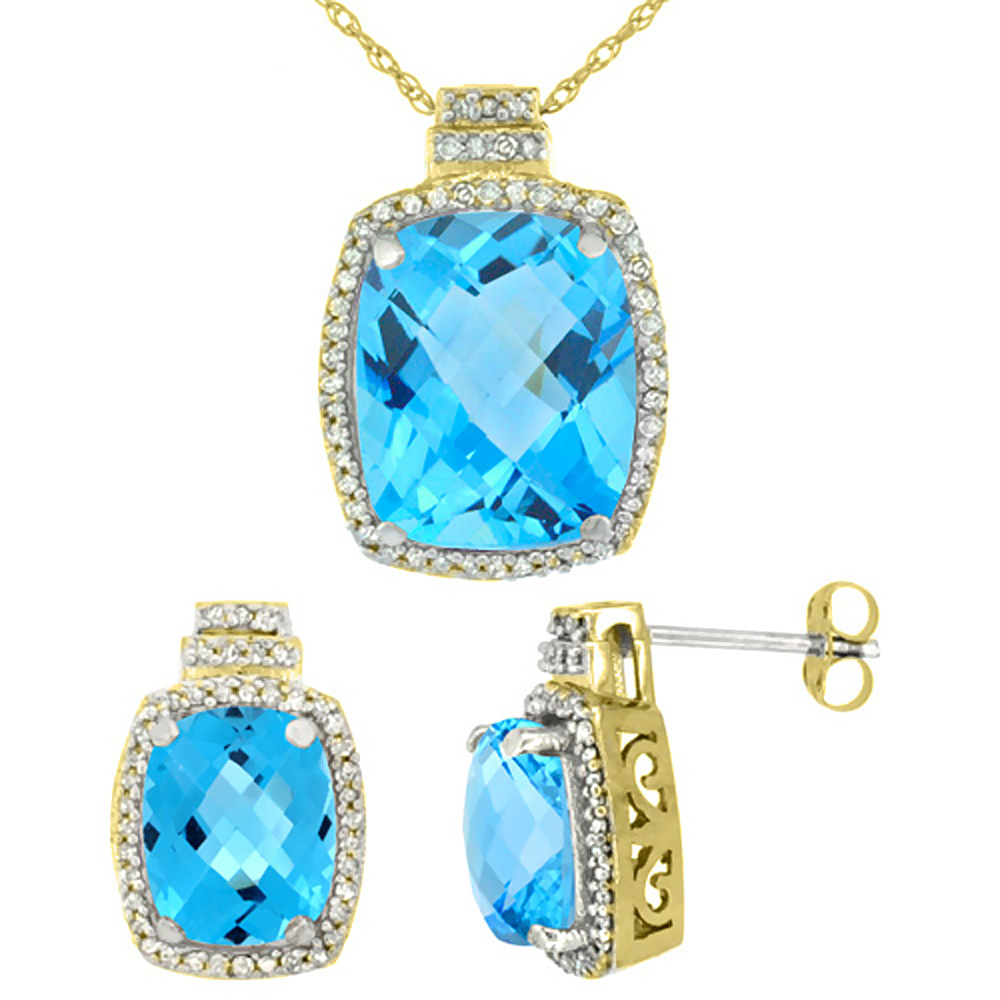 10K Yellow Gold Diamond Natural Swiss Blue Topaz 8x6mm Earrings & 11x9mm Pendant Set Octagon Cushion