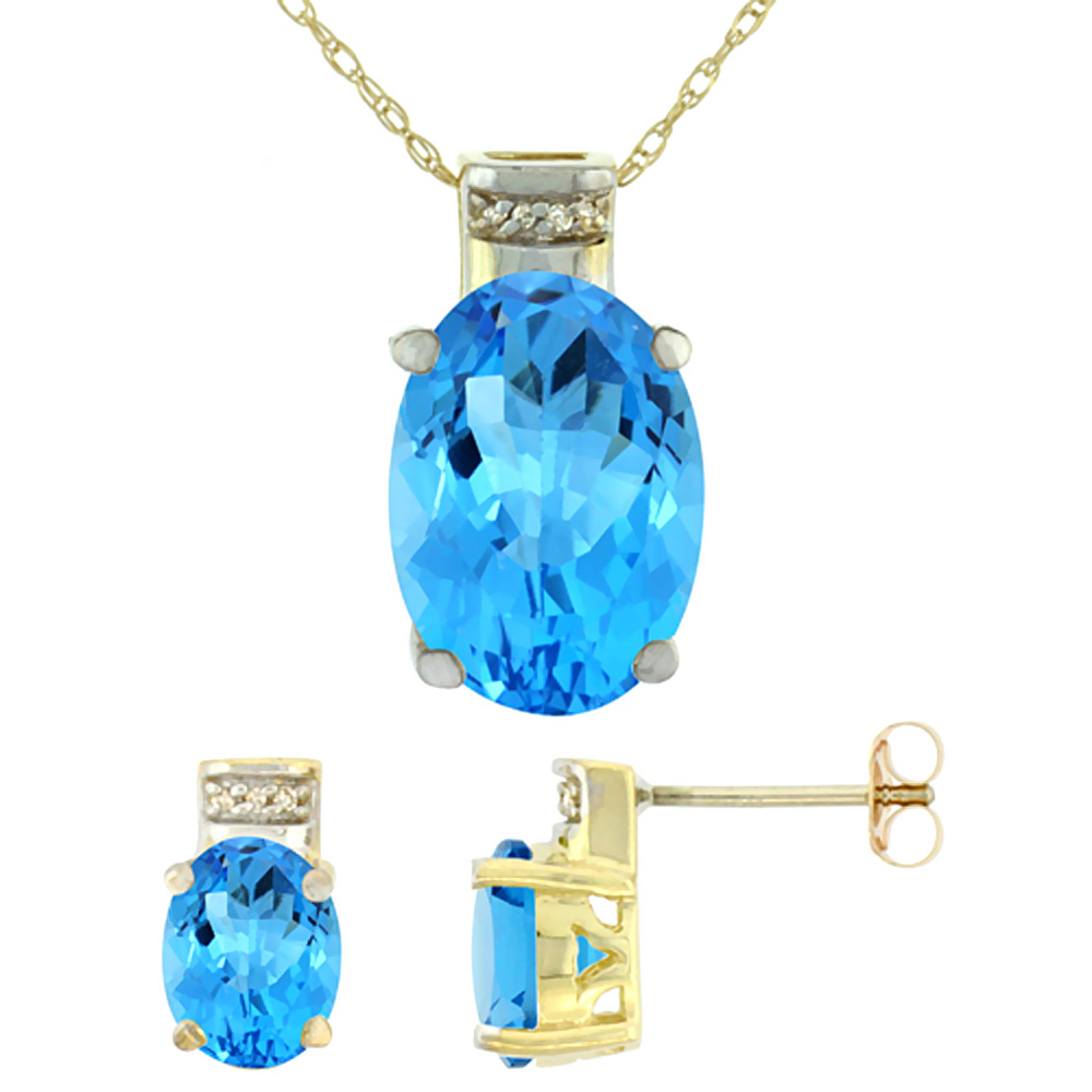 10K Yellow Gold Diamond Natural Oval Swiss Blue Topaz Earrings & Pendant Set