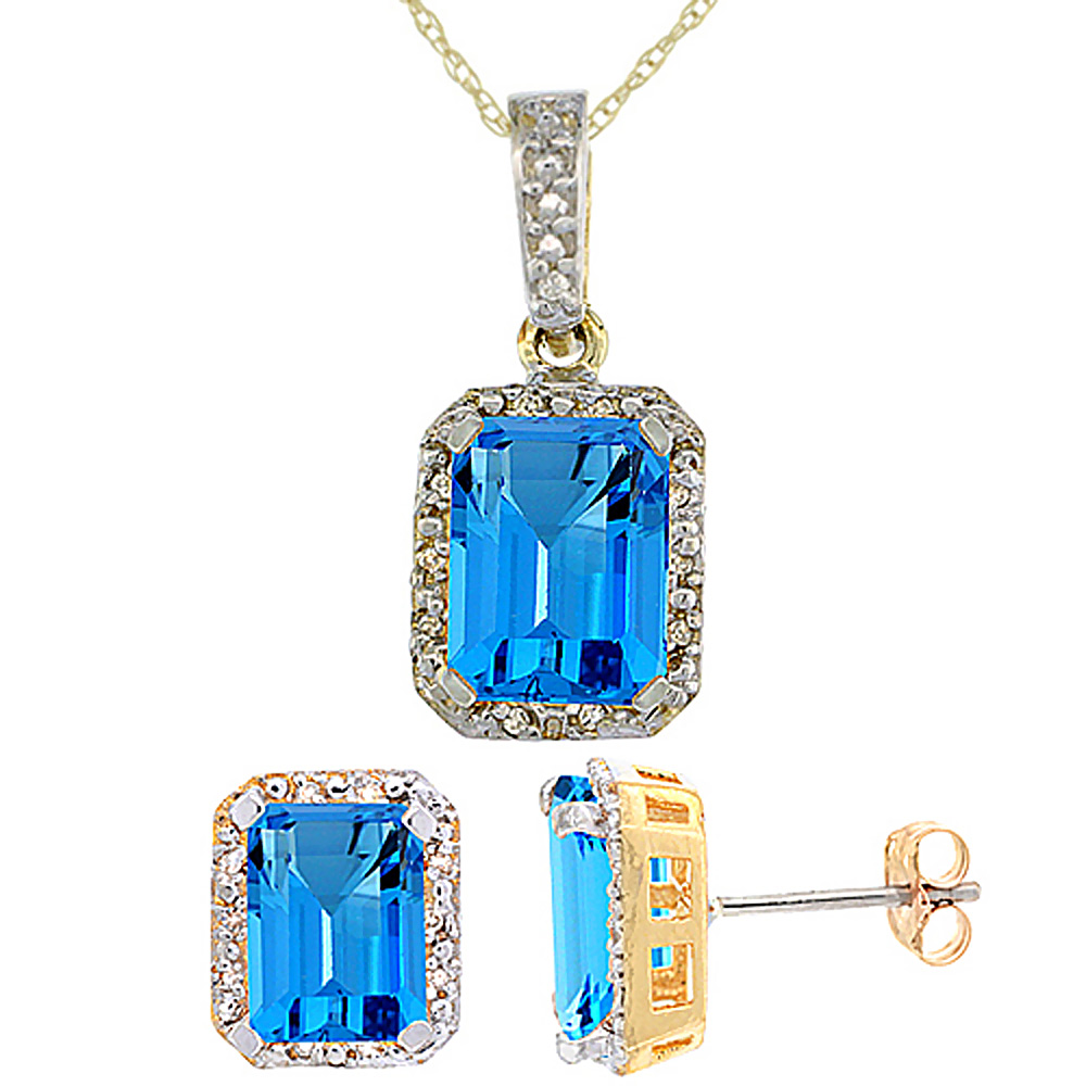 10K Yellow Gold Natural Octagon 8x6 mm Swiss Blue Topaz Earrings & Pendant Set Diamond Accents