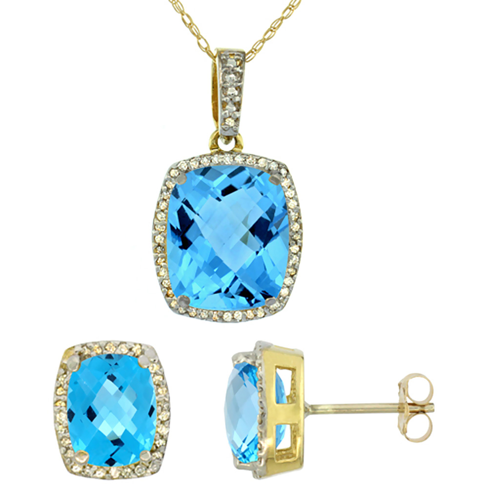 10K Yellow Gold Natural Swiss Blue Topaz Octagon Cushion Earrings & Pendant Set