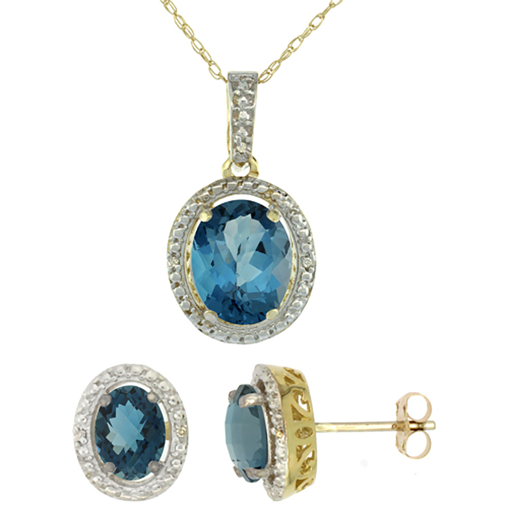 10K Yellow Gold Diamond Natural London Blue Topaz Oval Earrings & Pendant Set