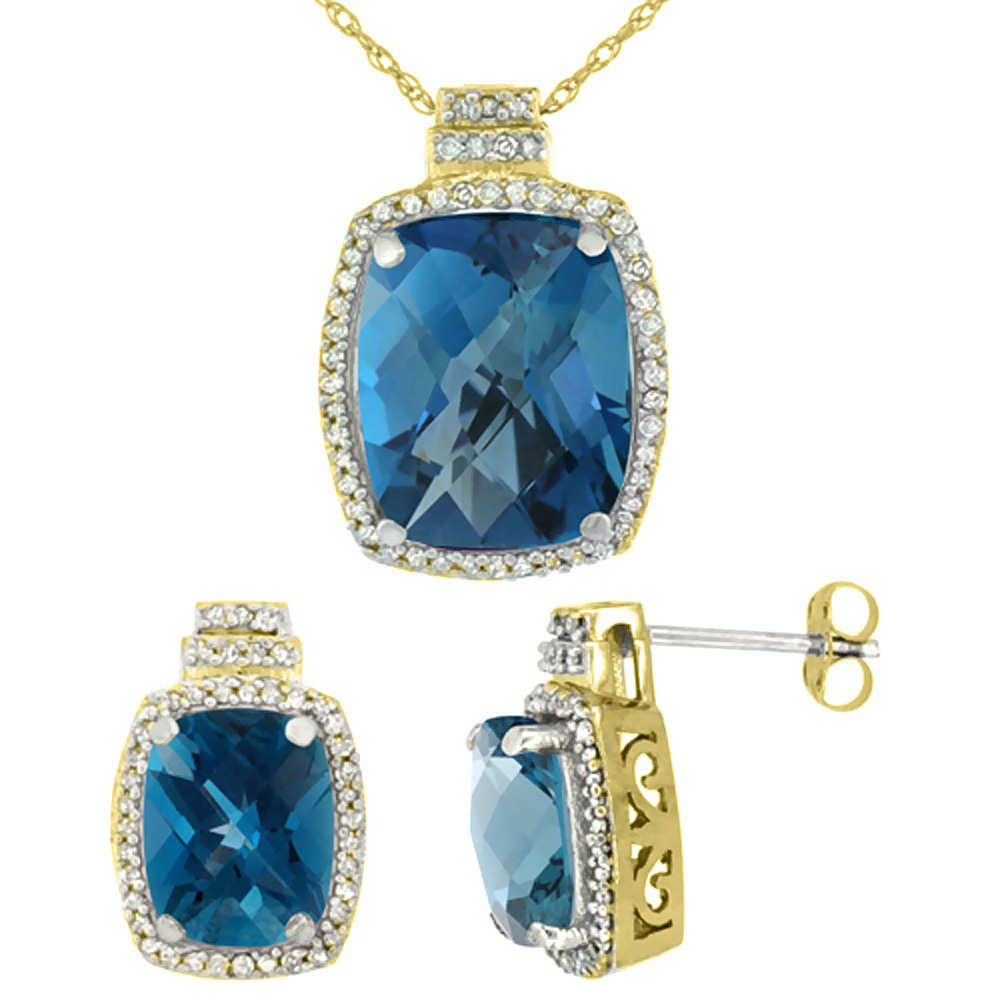 10K Yellow Gold Diamond Natural London Blue Topaz 8x6mm Earrings & 11x9mm Pendant Set Octagon Cushion