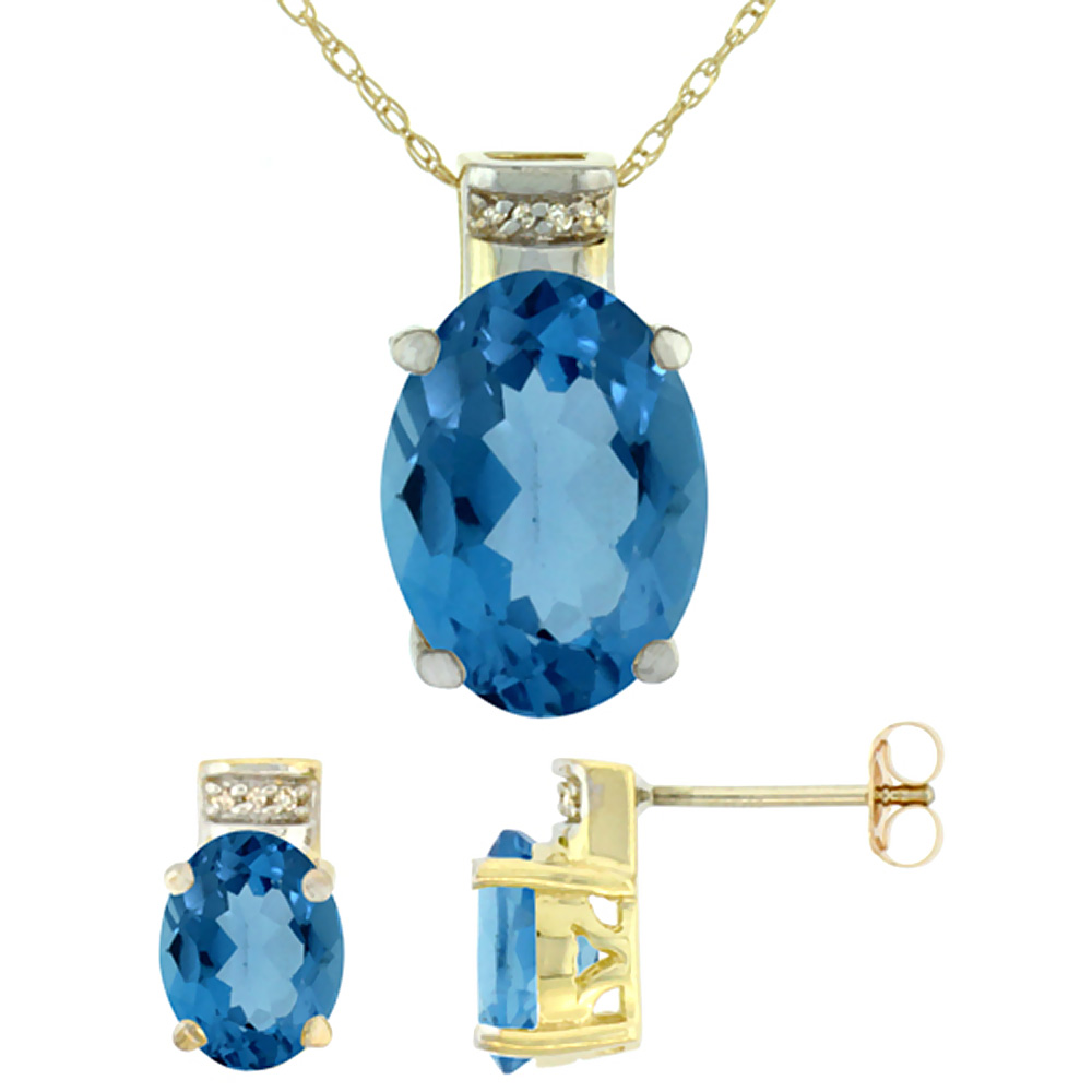 10K Yellow Gold Diamond Natural Oval London Blue Topaz Earrings & Pendant Set