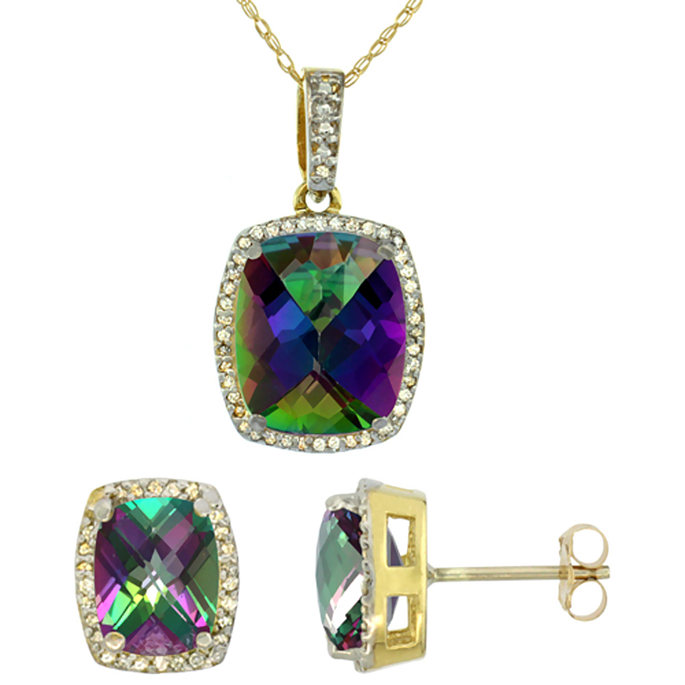 10K Yellow Gold Natural Mystic Topaz Octagon Cushion Earrings & Pendant Set