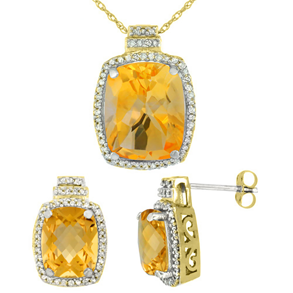 10K Yellow Gold Diamond Natural Citrine 8x6mm Earrings & 11x9mm Pendant Set Octagon Cushion