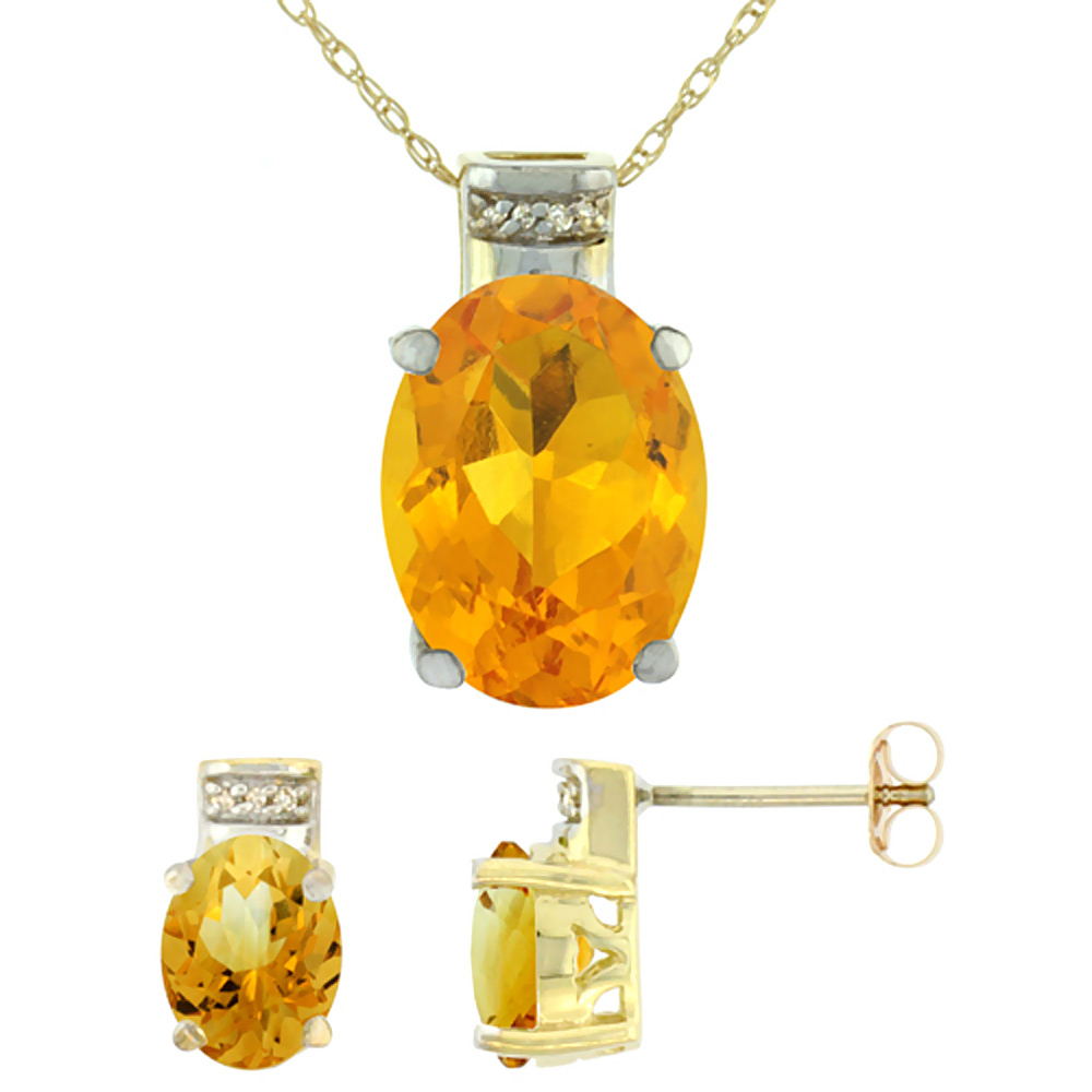 10K Yellow Gold Diamond Natural Oval Citrine Earrings & Pendant Set