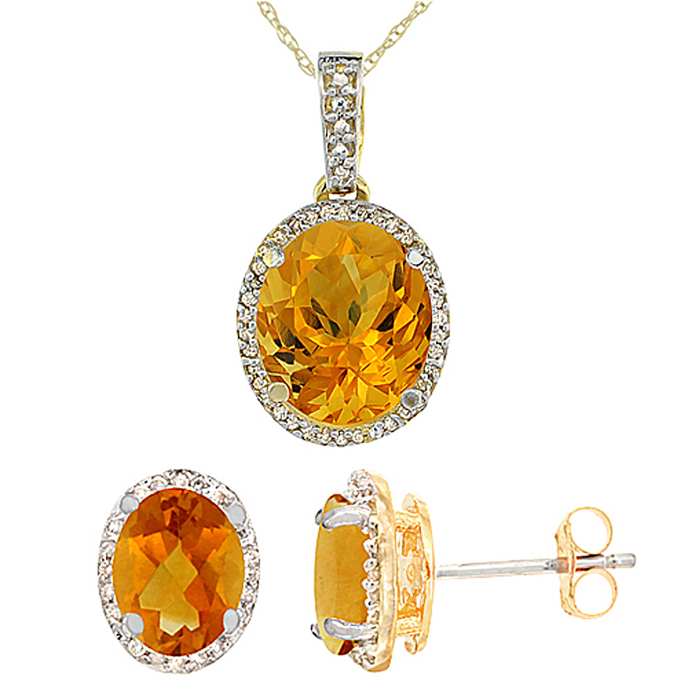 10K Yellow Gold Diamond Natural Citrine Oval Earrings & Pendant Set