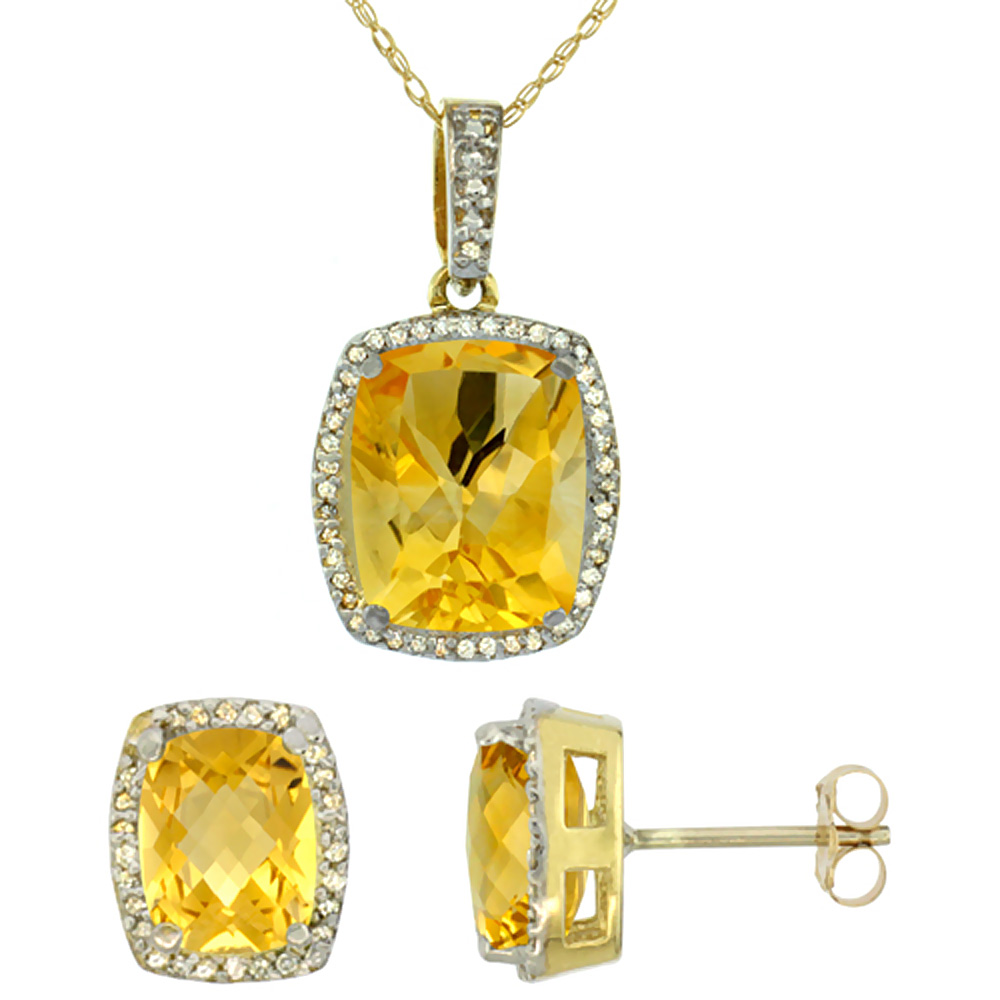 10K Yellow Gold Natural Citrine Octagon Cushion Earrings & Pendant Set