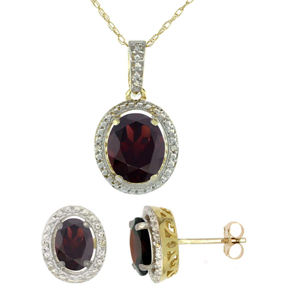 10K Yellow Gold Diamond Natural Garnet Oval Earrings & Pendant Set