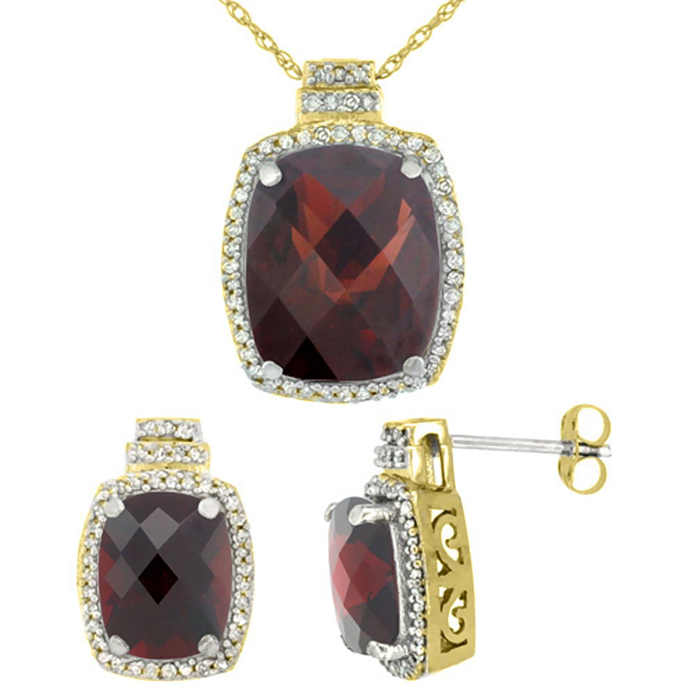10K Yellow Gold Diamond Natural Garnet 8x6mm Earrings & 11x9mm Pendant Set Octagon Cushion