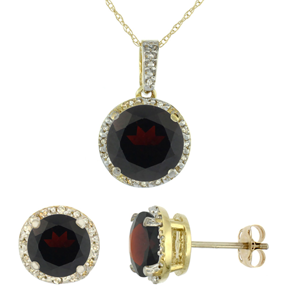 10K Yellow Gold Natural Round Garnet Earrings & Pendant Set Diamond Accents