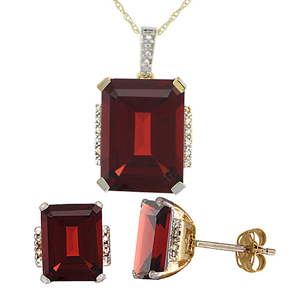 10K Yellow Gold Natural Octagon Garnet Earrings & Pendant Set Diamond Accents