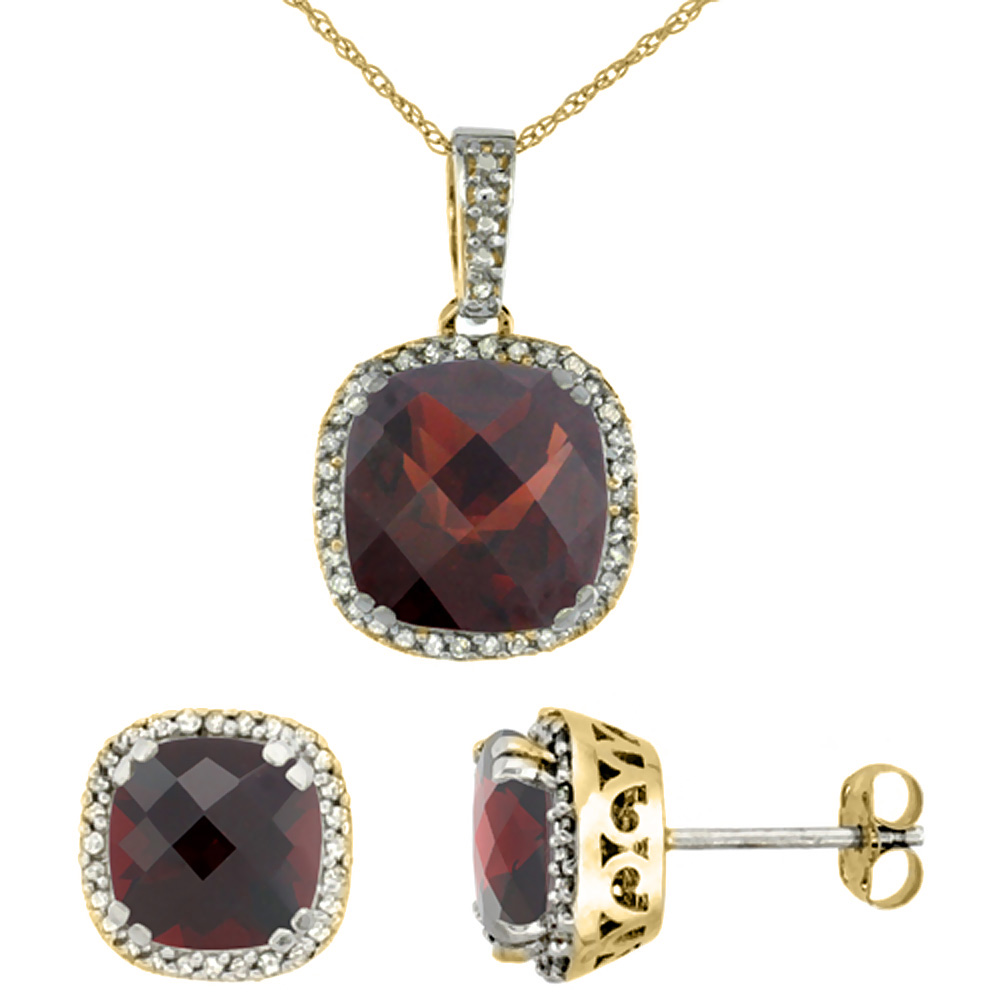 10k Yellow Gold Diamond Halo Natural Garnet Earring Necklace Set 7x7mm & 10x10mm Cushion Shaped, 18 inch