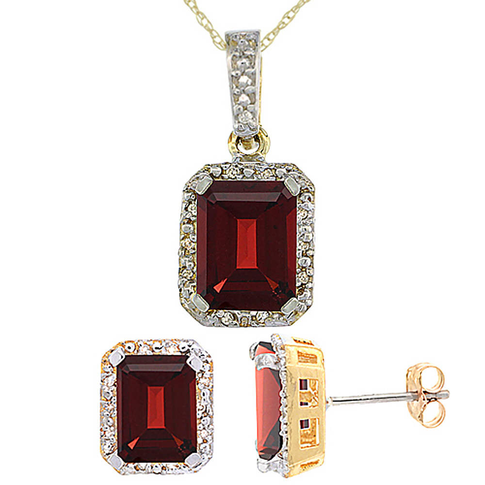 10K Yellow Gold Natural Octagon 8x6 mm Garnet Earrings & Pendant Set Diamond Accents