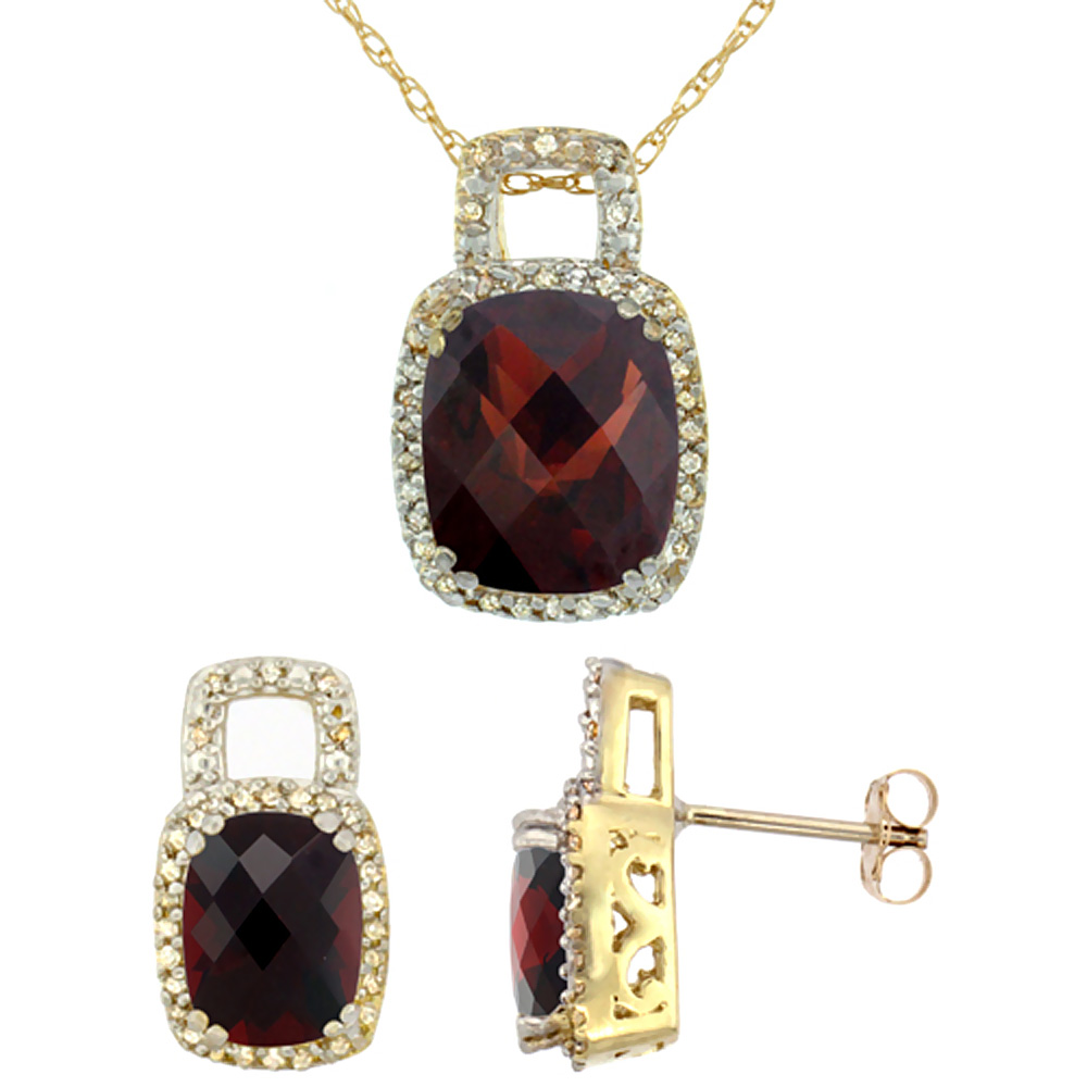 10K Yellow Gold Natural Octagon Cushion Garnet Earrings & Pendant Set Diamond Accents