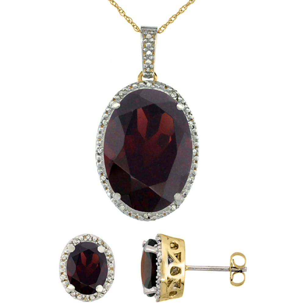 10K Yellow Gold Diamond Natural Oval Garnet Earrings & Pendant Set