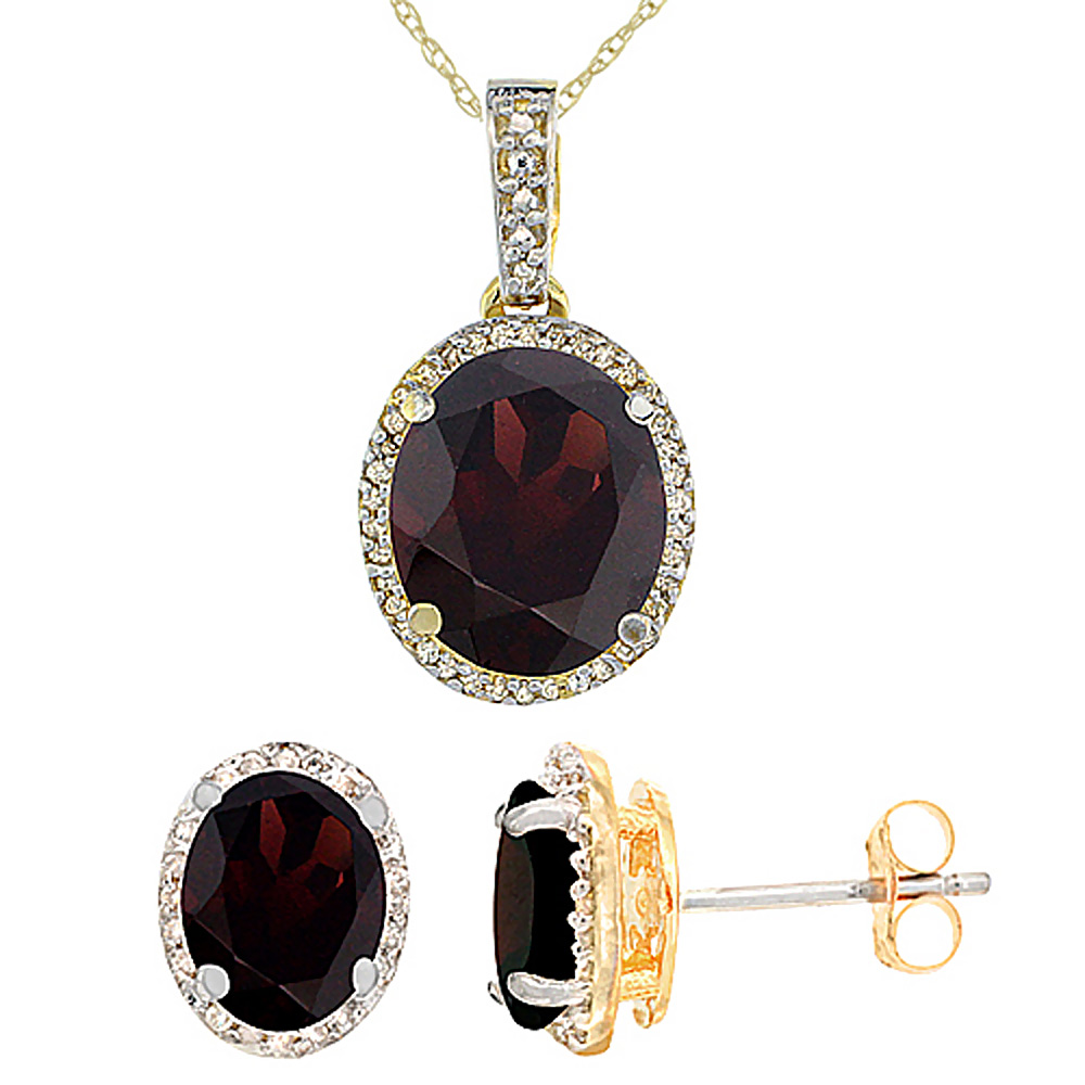 10K Yellow Gold Diamond Natural Garnet Oval Earrings & Pendant Set