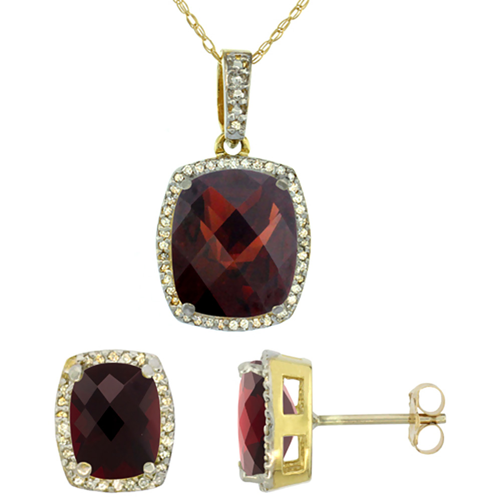 10K Yellow Gold Natural Garnet Octagon Cushion Earrings & Pendant Set