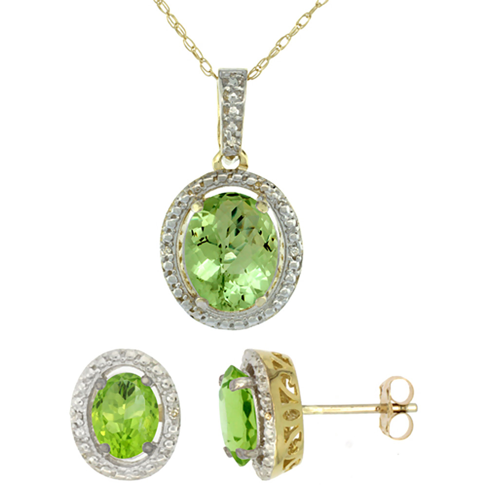 10K Yellow Gold Diamond Natural Peridot Oval Earrings & Pendant Set