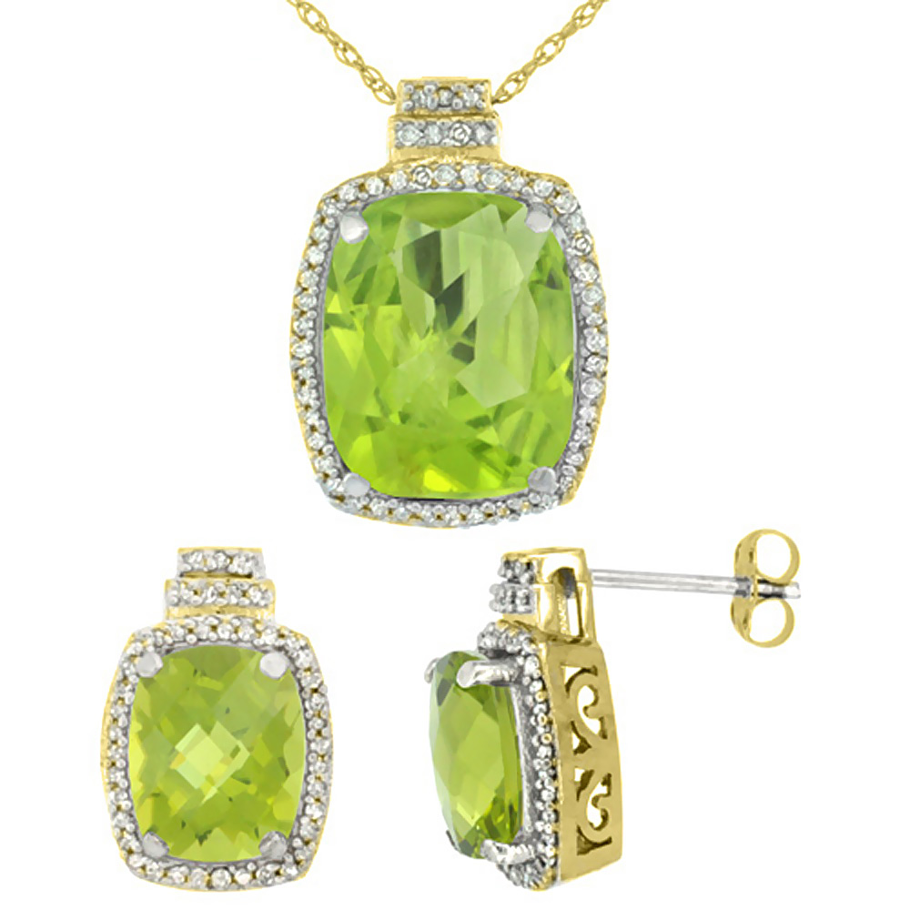 10K Yellow Gold Diamond Natural Peridot 8x6mm Earrings & 11x9mm Pendant Set Octagon Cushion