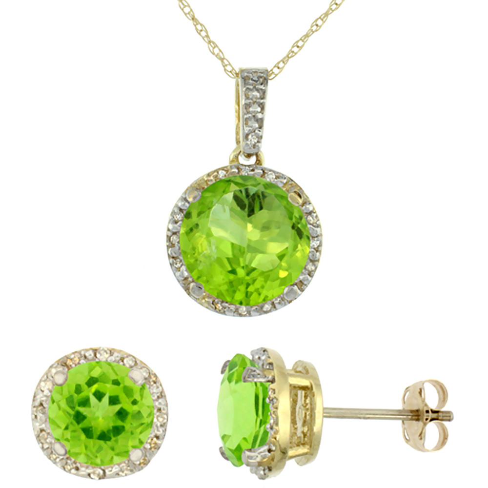 10K Yellow Gold Natural Round Peridot Earrings & Pendant Set Diamond Accents