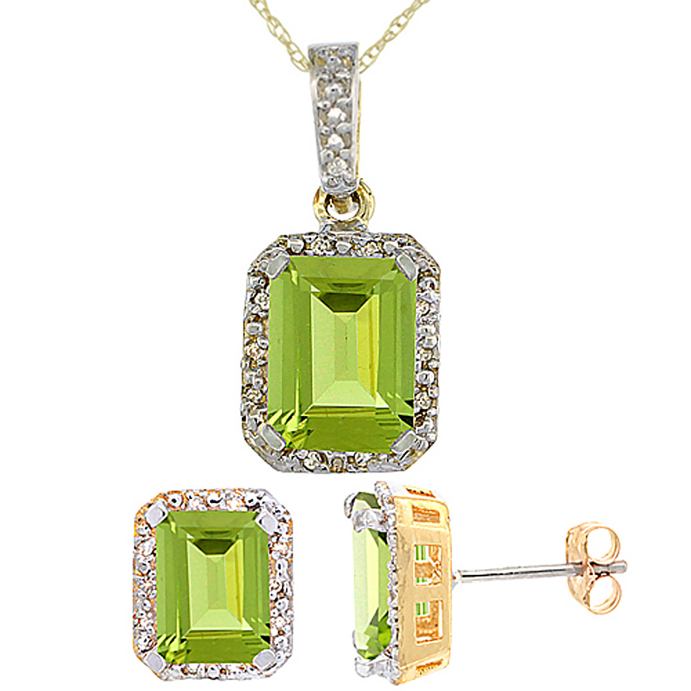 10K Yellow Gold Natural Octagon 8x6 mm Peridot Earrings & Pendant Set Diamond Accents