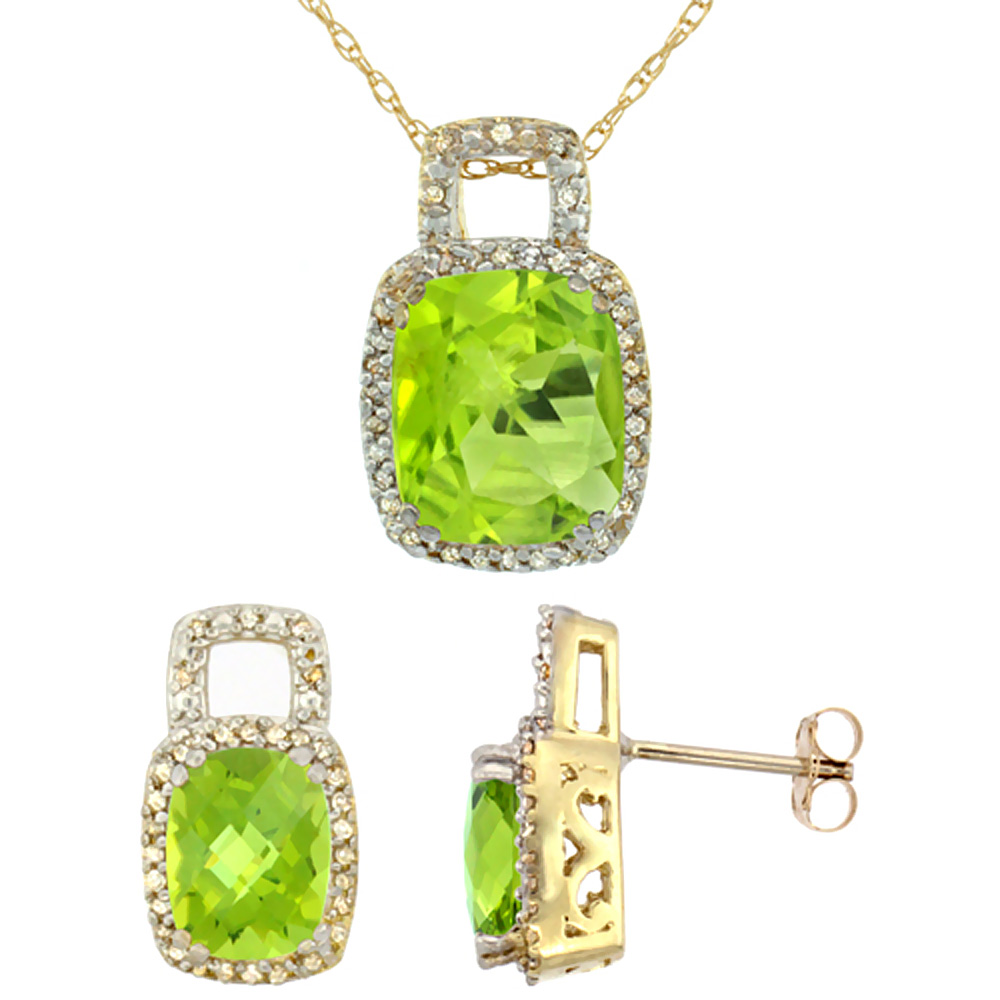 10K Yellow Gold Natural Octagon Cushion Peridot Earrings & Pendant Set Diamond Accents