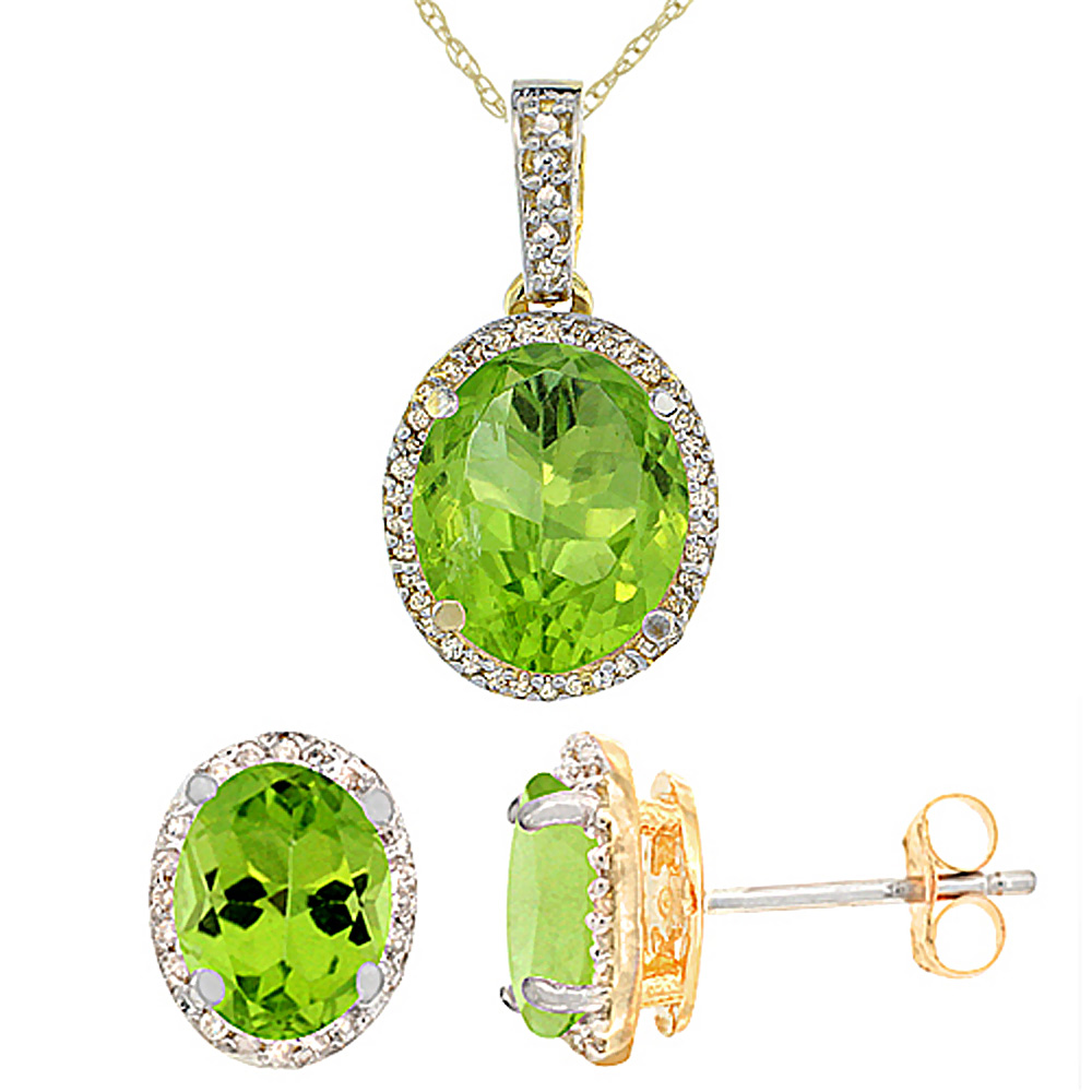 10K Yellow Gold Diamond Natural Peridot Oval Earrings & Pendant Set