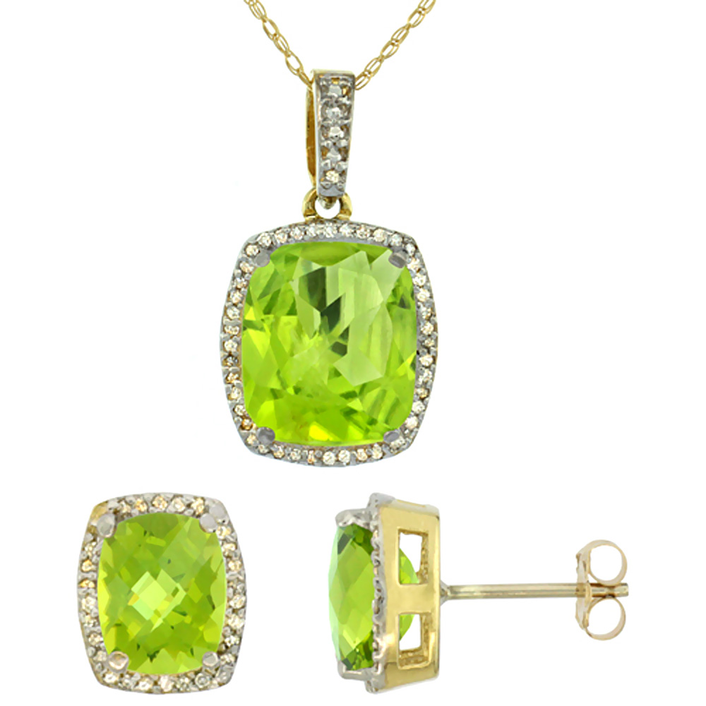 10K Yellow Gold Natural Peridot Octagon Cushion Earrings & Pendant Set