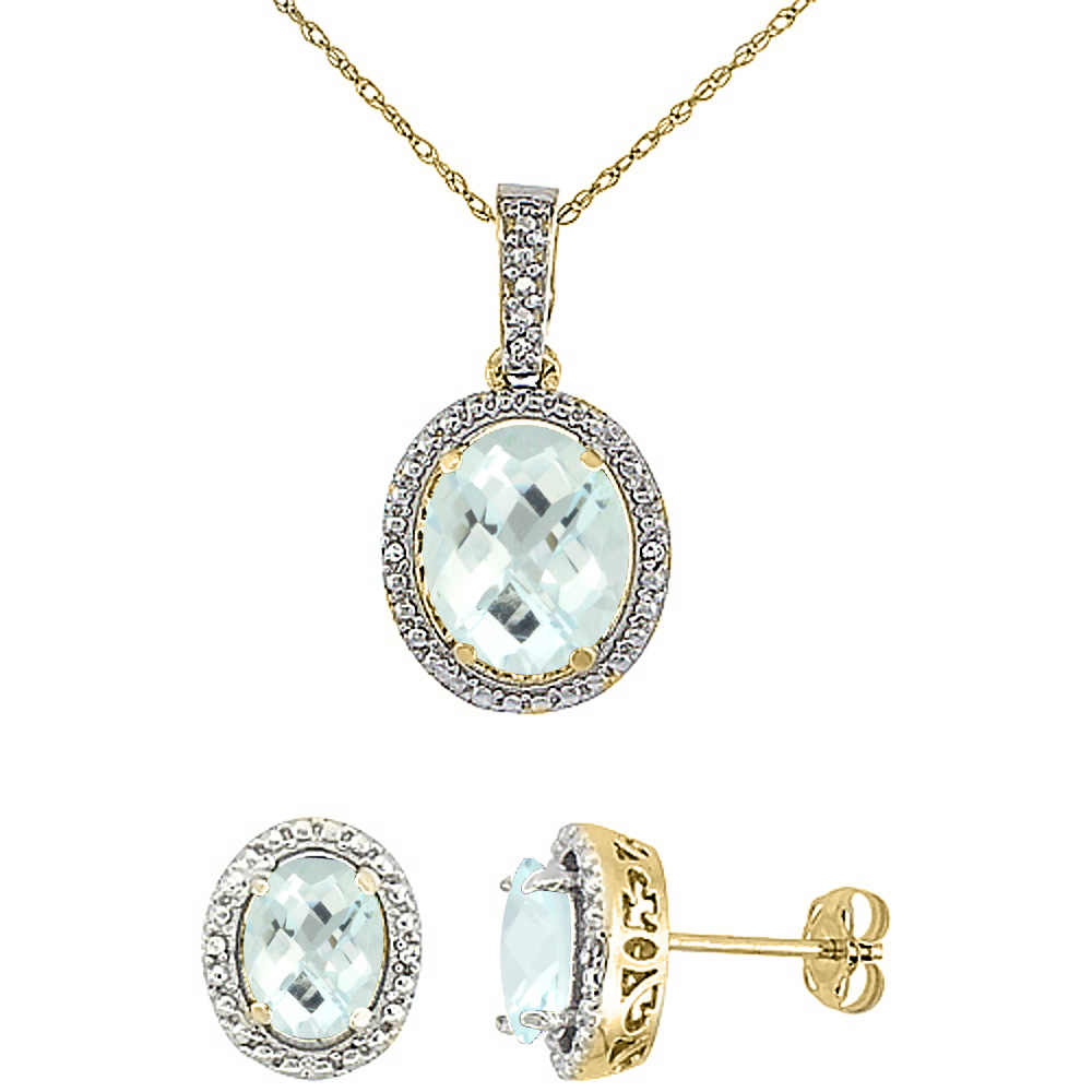 10K Yellow Gold Diamond Natural Aquamarine Oval Earrings & Pendant Set