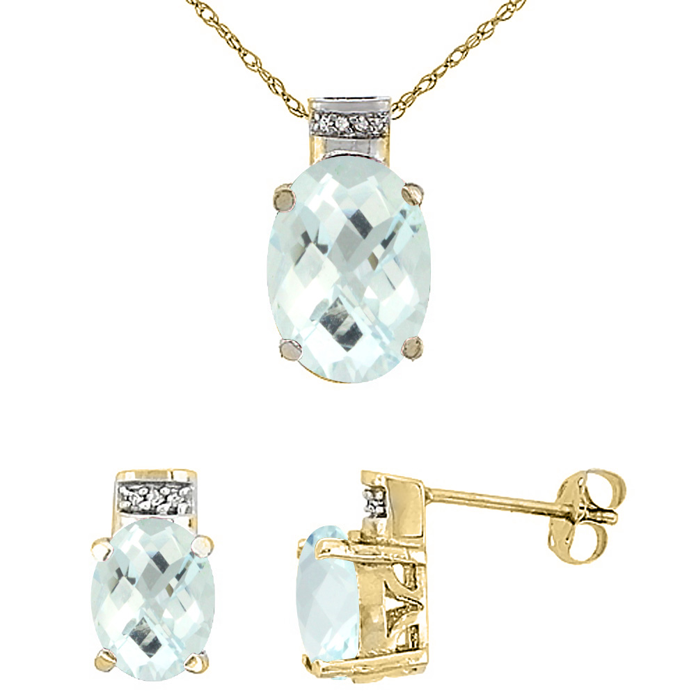 10K Yellow Gold Diamond Natural Oval Aquamarine Earrings & Pendant Set