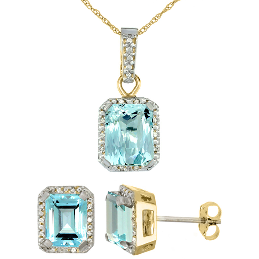 10K Yellow Gold Natural Octagon 8x6 mm Aquamarine Earrings & Pendant Set Diamond Accents