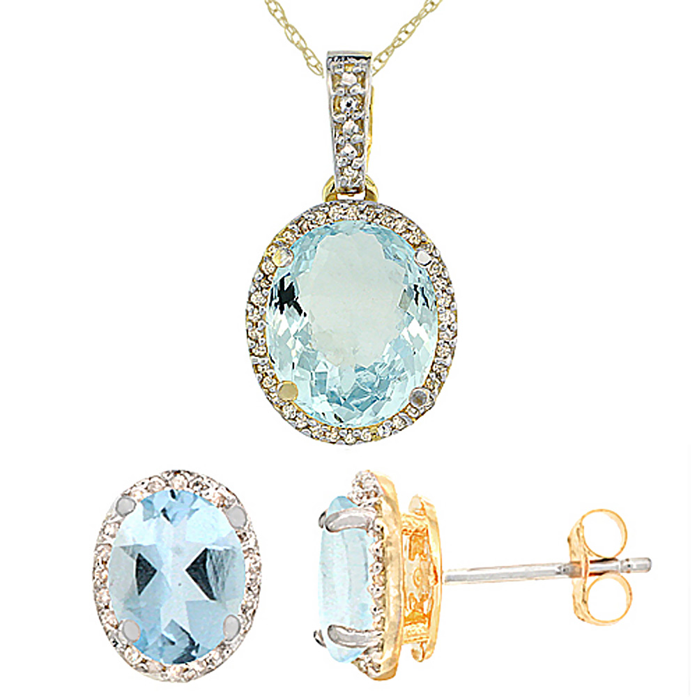 10K Yellow Gold Diamond Natural Aquamarine Oval Earrings & Pendant Set