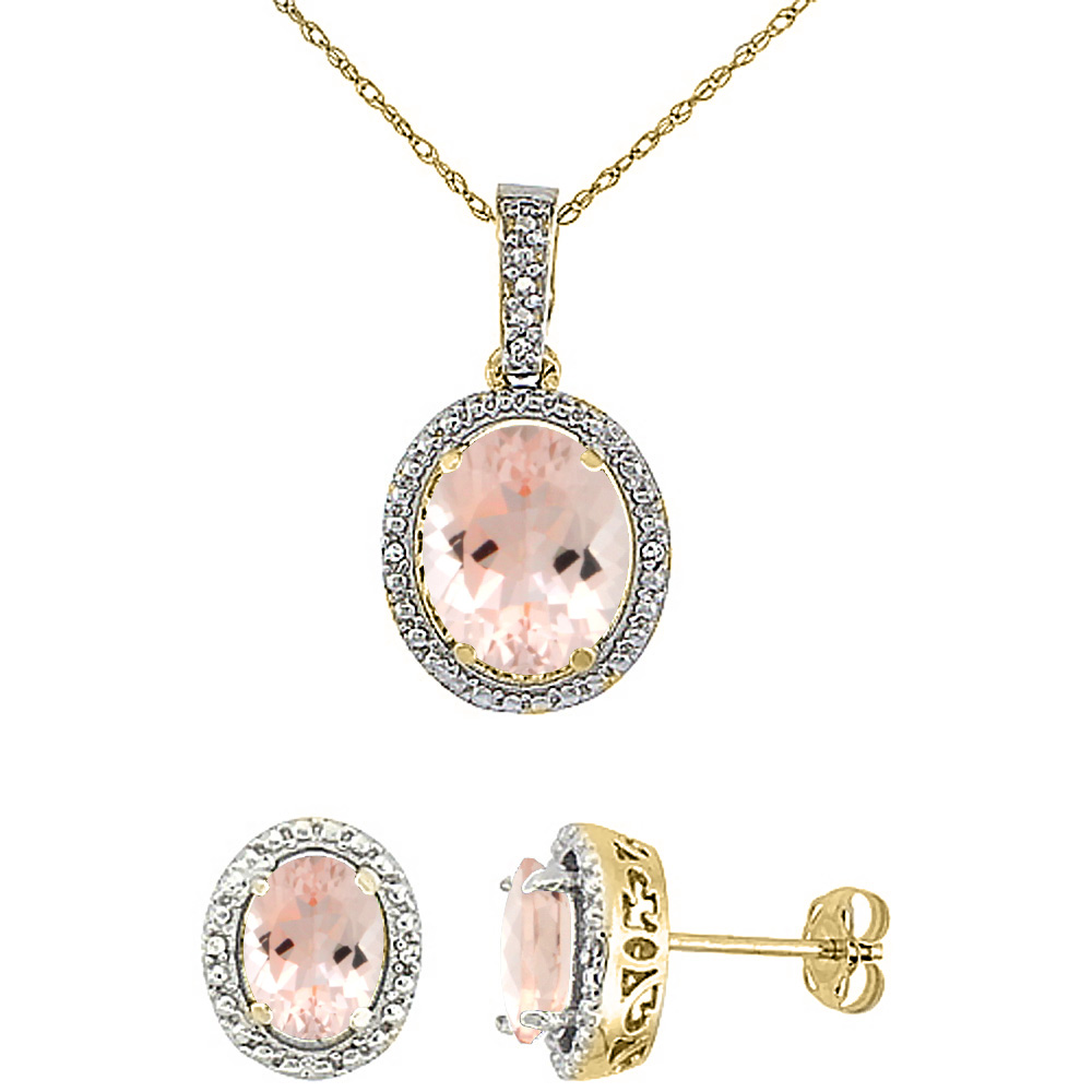 10K Yellow Gold Diamond Natural Morganite Oval Earrings & Pendant Set