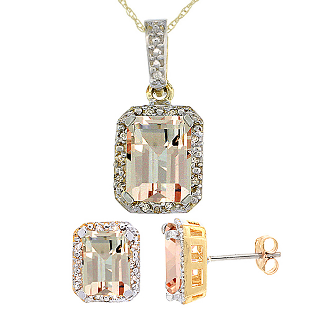 10K Yellow Gold Natural Octagon 8x6 mm Morganite Earrings & Pendant Set Diamond Accents