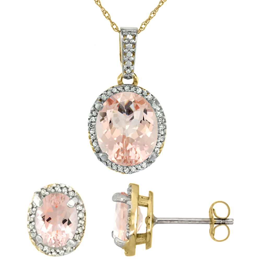 10K Yellow Gold Diamond Natural Morganite Oval Earrings & Pendant Set